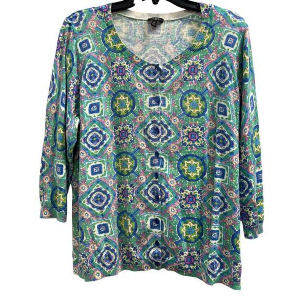 Talbots tropical print pink blue lightweight cardigan sweater plus sz 2X XXL